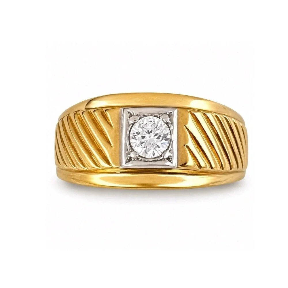 Vintage 1970s Ring Sz 8 Cubic Zirconia Solitaire Textured 18KT Gold Plated - 14O